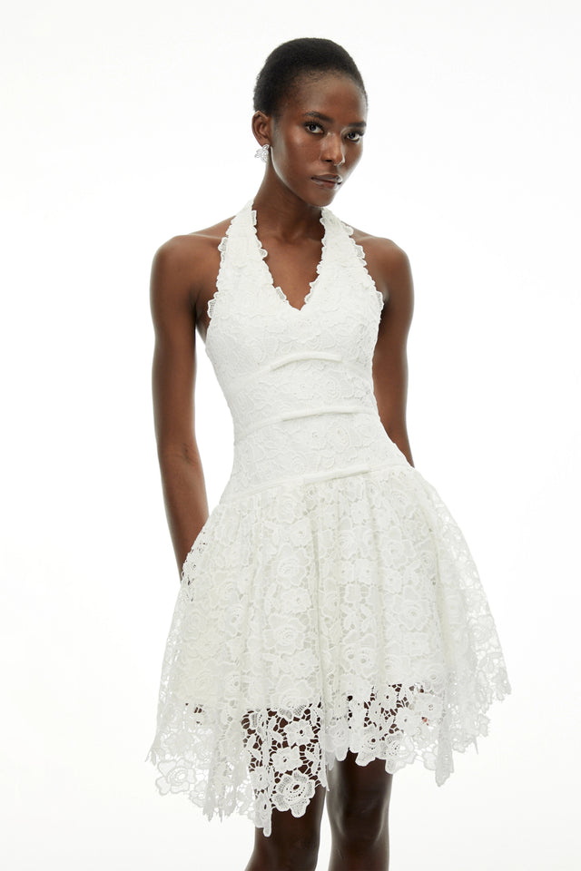 Daisy White VNeck Floral Lace Mini Dress with Bow