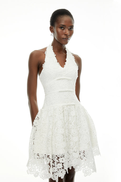 Daisy White VNeck Floral Lace Mini Dress with Bow