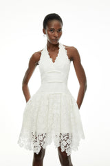 Daisy White VNeck Floral Lace Mini Dress with Bow