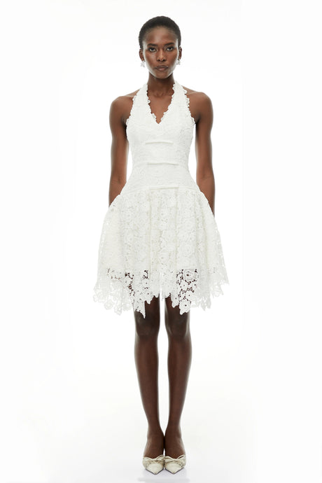 Daisy White VNeck Floral Lace Mini Dress with Bow