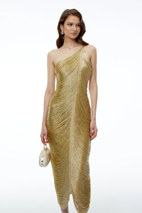 Dalia Gold One Shoulder Asymmetrical Midi Dress