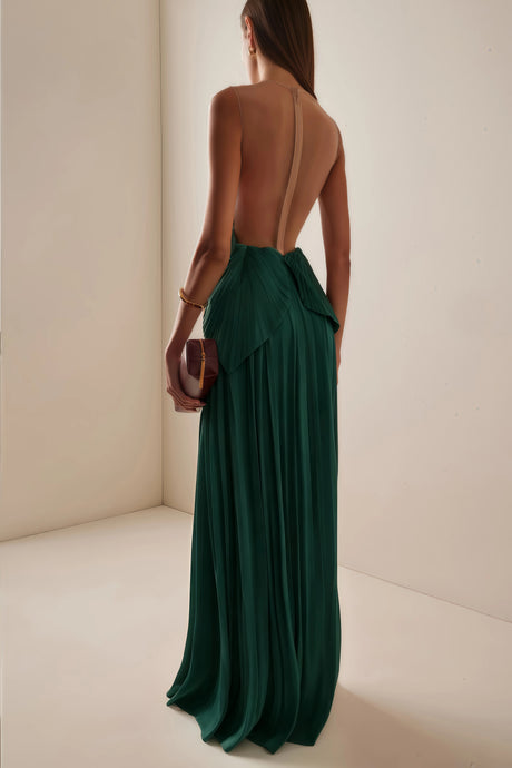 Michelina Maxi Dress Green Backless Asymmetrical Ruched