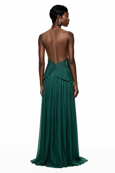Michelina Maxi Dress Green Backless Asymmetrical Ruched