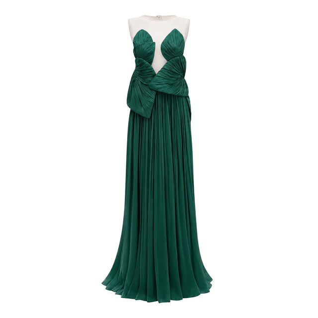 Dalila Green Backless Asymmetrical Ruched Maxi Dress