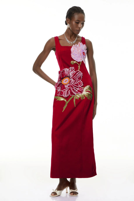 Kylie Maxi Dress Red Floral Embroidered