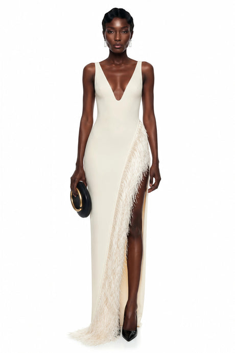 Gilda Maxi Dress Cream Asymmetrical with Fringe