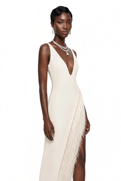 Gilda Maxi Dress Cream Asymmetrical with Fringe