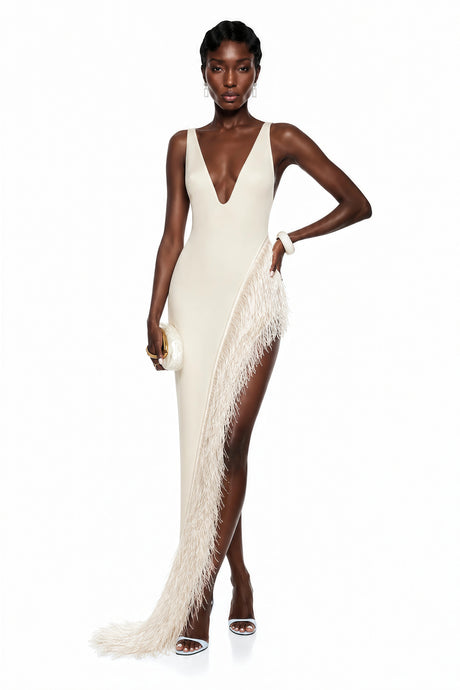 Gilda Maxi Dress Cream Asymmetrical with Fringe