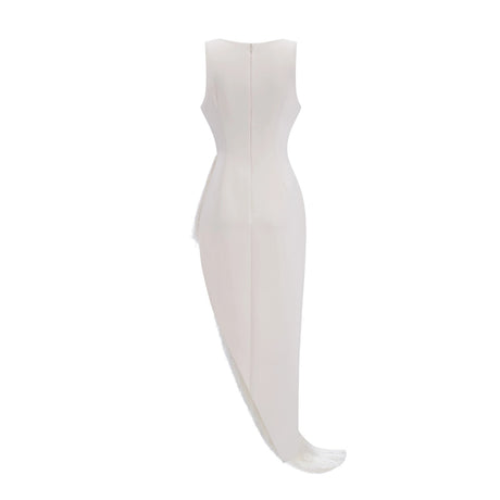 Gilda Maxi Dress Cream Asymmetrical with Fringe