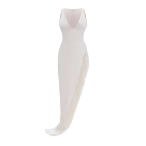 Damla Cream Asymmetrical Maxi Dress with Fringe
