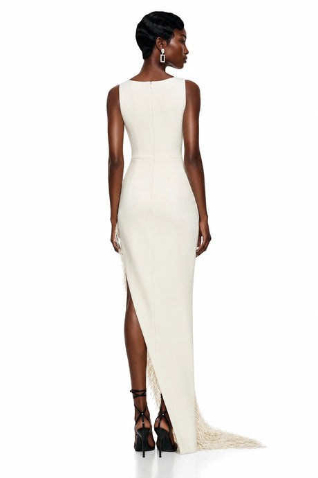 Gilda Maxi Dress Cream Asymmetrical with Fringe