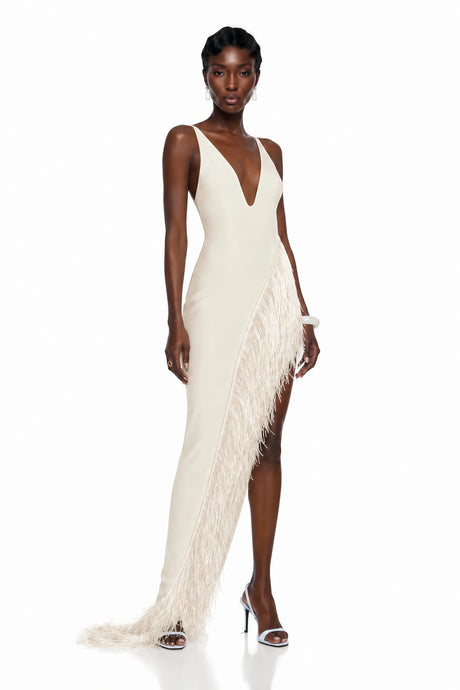 Gilda Maxi Dress Cream Asymmetrical with Fringe