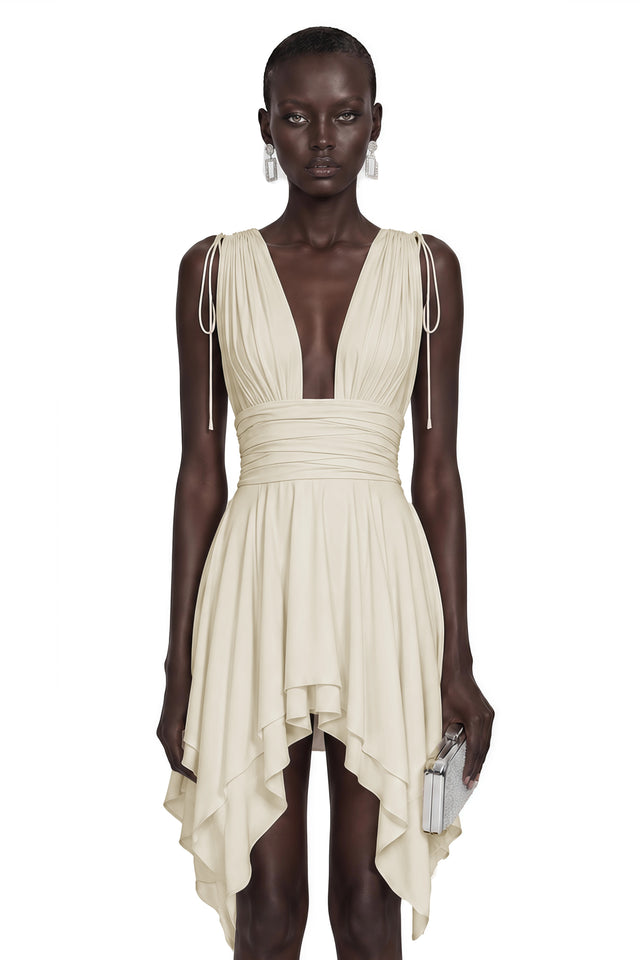 Damla Neutral Asymmetrical Ruched Mini Dress