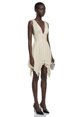 Damla Neutral Asymmetrical Ruched Mini Dress
