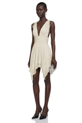 Damla Neutral Asymmetrical Ruched Mini Dress