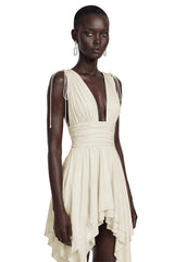 Damla Neutral Asymmetrical Ruched Mini Dress