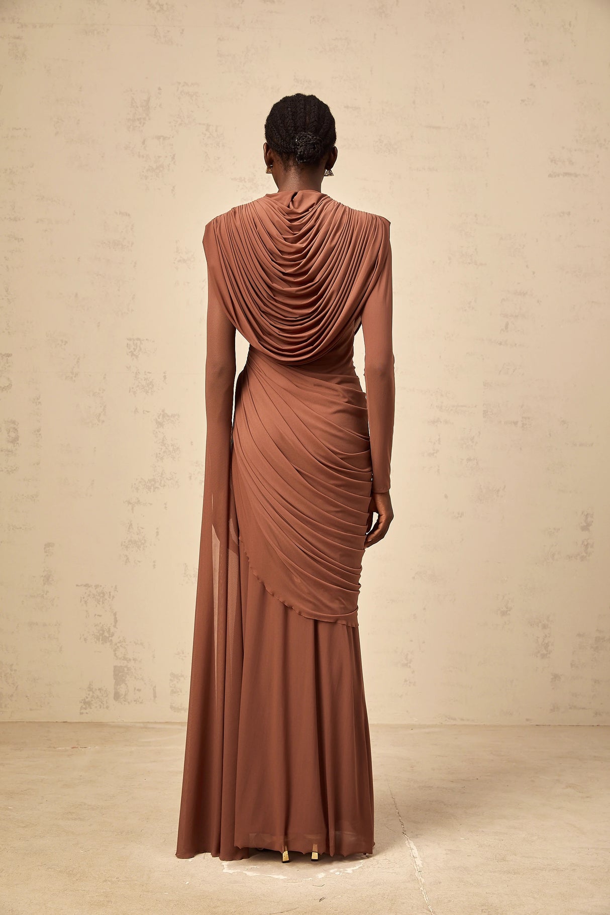 Danaé Brown Shirredeffect Draped Maxi Dress