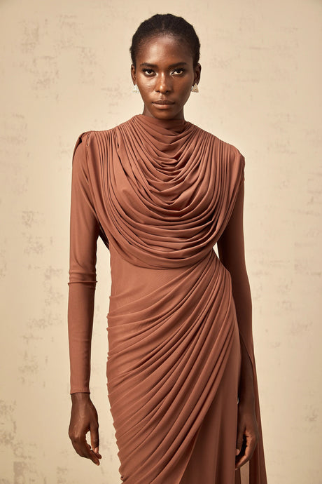 Agnolina Maxi Dress Brown Shirred-effect Draped