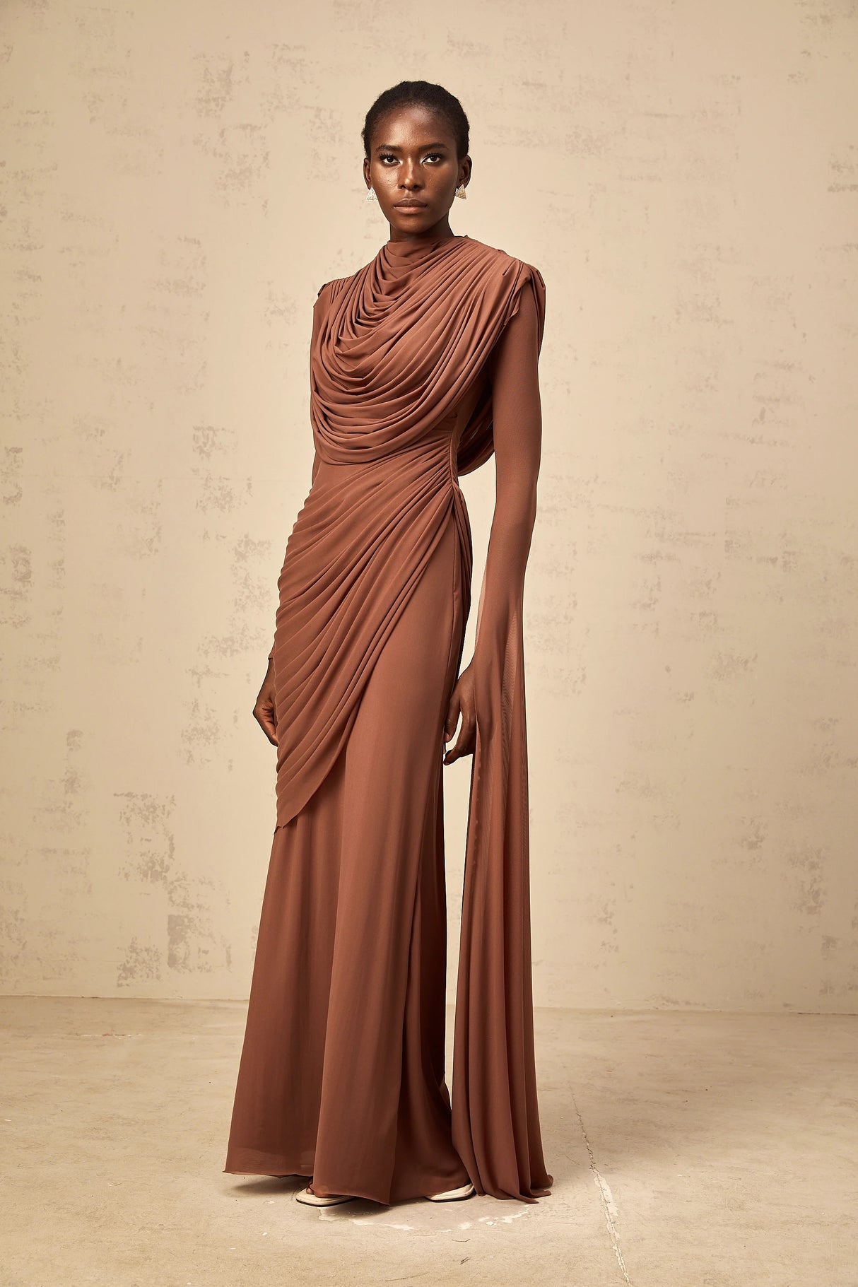 Danaé Brown Shirredeffect Draped Maxi Dress