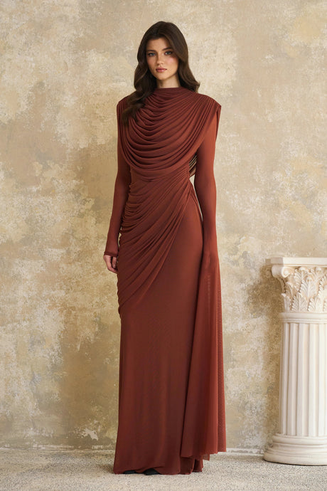 Laila Maxi Dress Brown Shirred-effect Draped