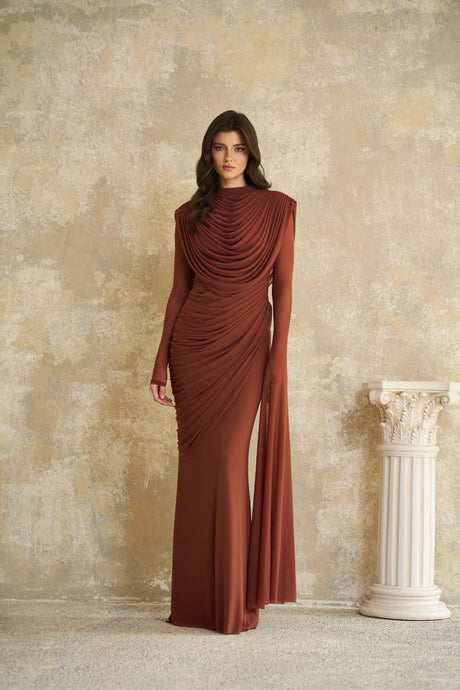Laila Maxi Dress Brown Shirred-effect Draped