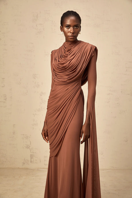 Agnolina Maxi Dress Brown Shirred-effect Draped