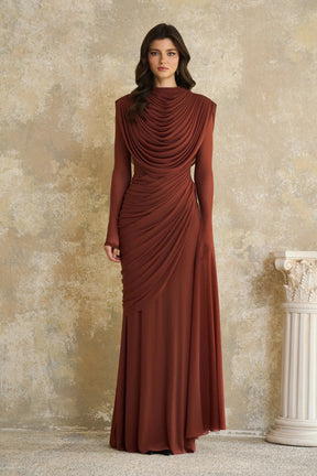 Danaé Brown Shirredeffect Draped Maxi Dress