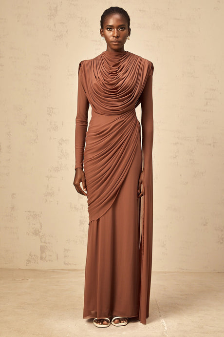 Agnolina Maxi Dress Brown Shirred-effect Draped