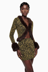 Danica Yellow Fur Trim Leopard Top  Skirt Set