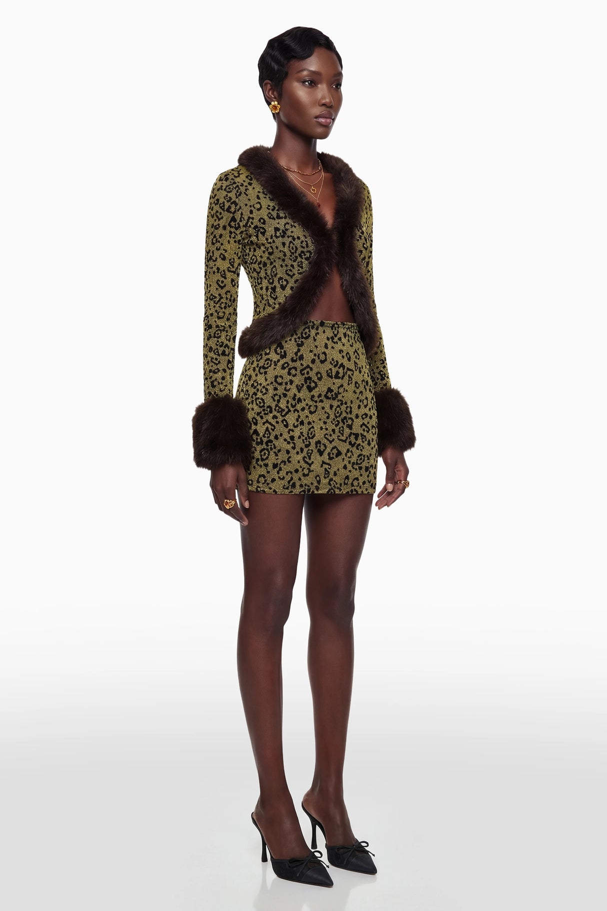 Danica Yellow Fur Trim Leopard Top  Skirt Set