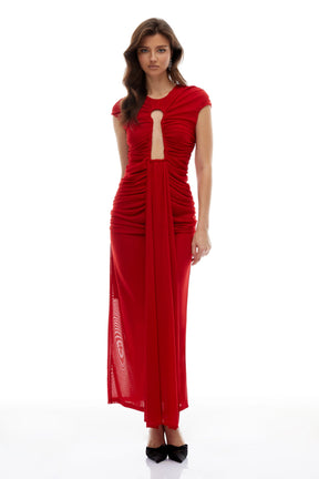 Daniela Red Keyhole Ruched Maxi Dress