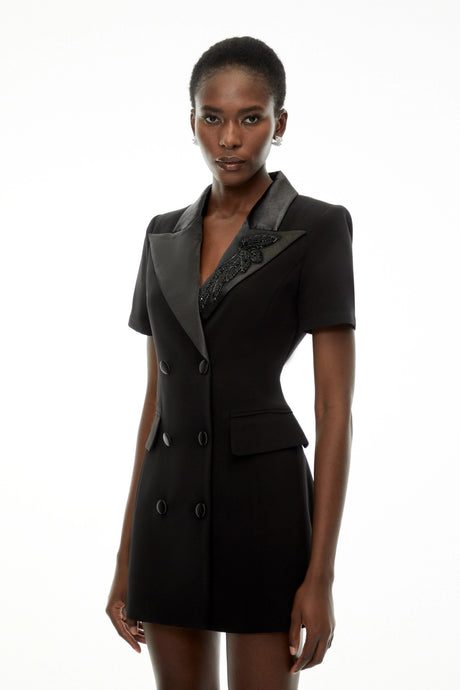 Adelina Dress Black Double-Breasted Embroidered Blazer