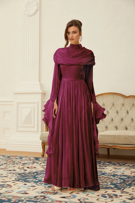 Angioletta Maxi Dress Burgundy Ruched Pleated