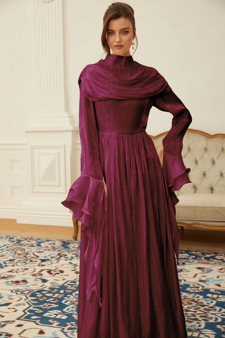 Angioletta Maxi Dress Burgundy Ruched Pleated
