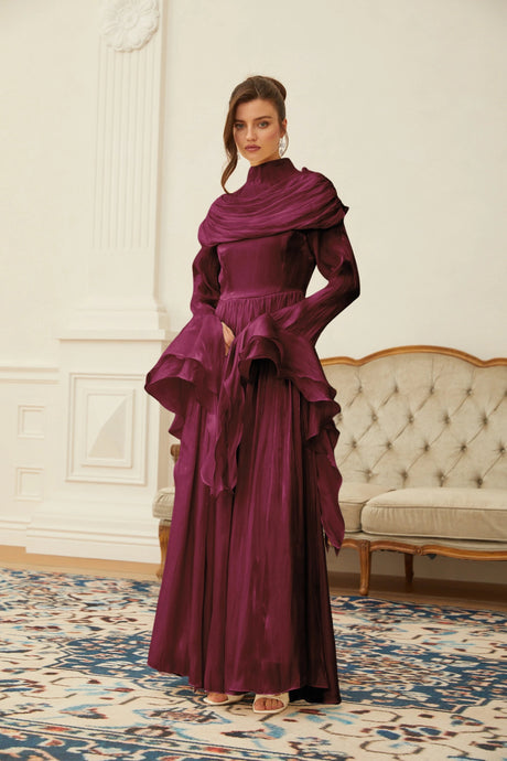 Angioletta Maxi Dress Burgundy Ruched Pleated