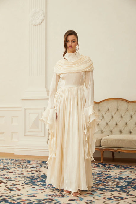 Landry Maxi Dress Neutral Ruched Pleated