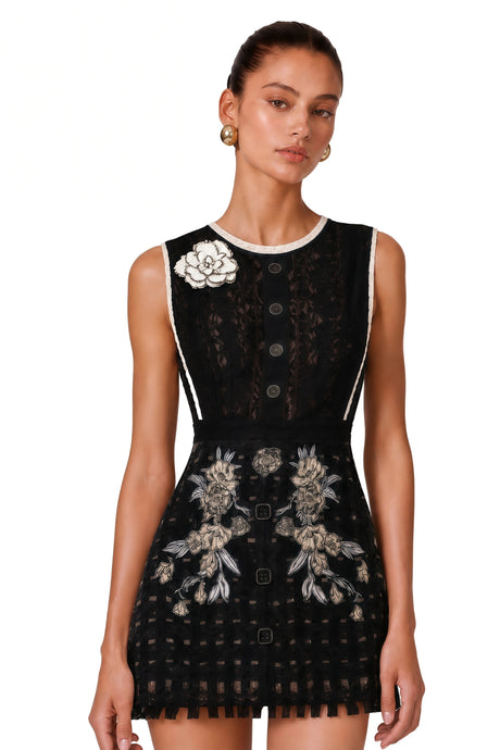 Yasmin Mini Dress Black with Floral Embroidered