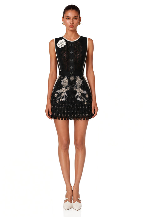 Yasmin Mini Dress Black with Floral Embroidered
