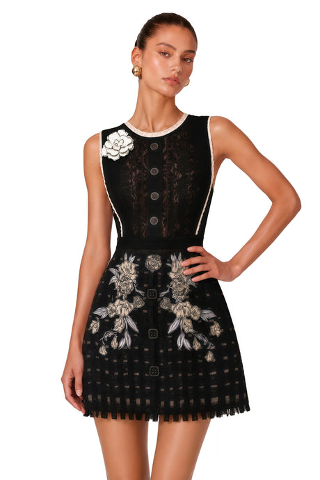 Yasmin Mini Dress Black with Floral Embroidered