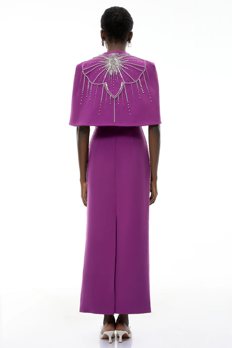 Ilenia Purple Beaded Cape Design Maxi Gown