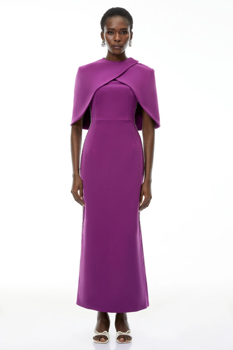 Ilenia Purple Beaded Cape Design Maxi Gown