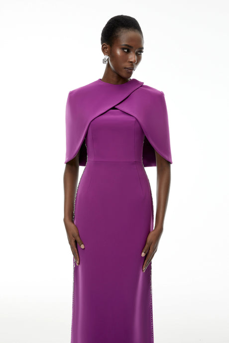 Ilenia Purple Beaded Cape Design Maxi Gown