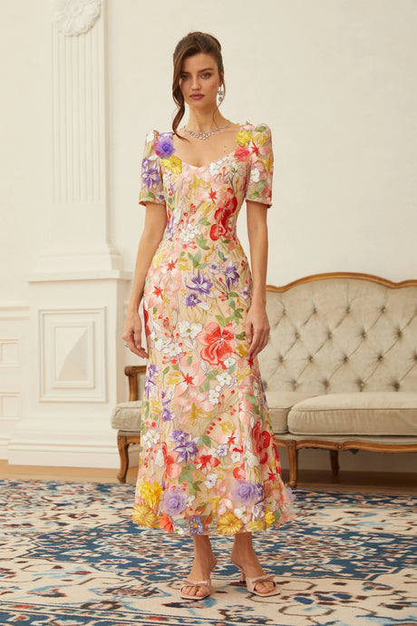 Rory Midi Dress Neutral Floral Embroidered Tulle