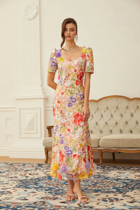 Rory Midi Dress Neutral Floral Embroidered Tulle