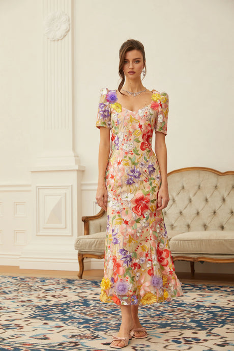 Rory Midi Dress Neutral Floral Embroidered Tulle