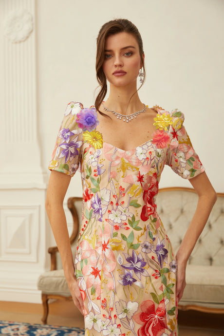 Rory Midi Dress Neutral Floral Embroidered Tulle