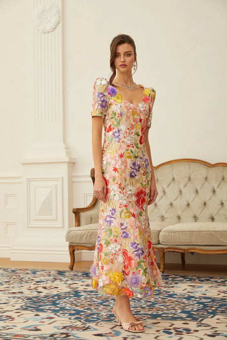 Rory Midi Dress Neutral Floral Embroidered Tulle