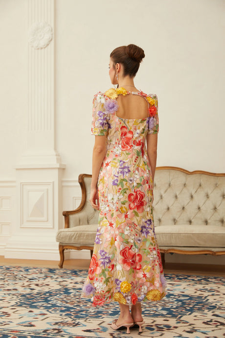 Rory Midi Dress Neutral Floral Embroidered Tulle