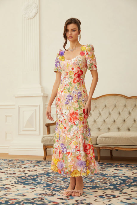 Rory Midi Dress Neutral Floral Embroidered Tulle