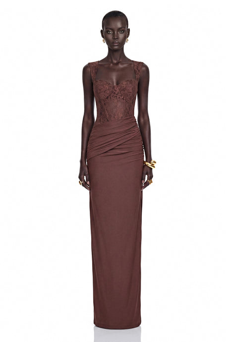 Quinn Maxi Dress Chocolate Brown Ruched with Lace Panels